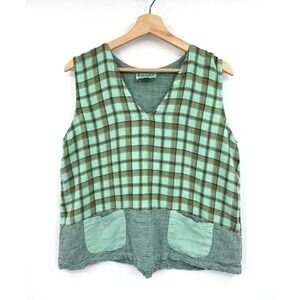 Liz & Jane Somewhat Funky Linen Tank Top M‎ Green Plaid Artsy USA Boho Lagenlook